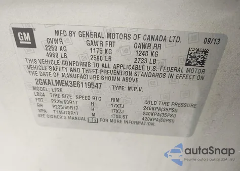 2014 GMC Terrain Sle-1 z USA, uszkodzony, nr VIN 2GKALMEK3E6119547